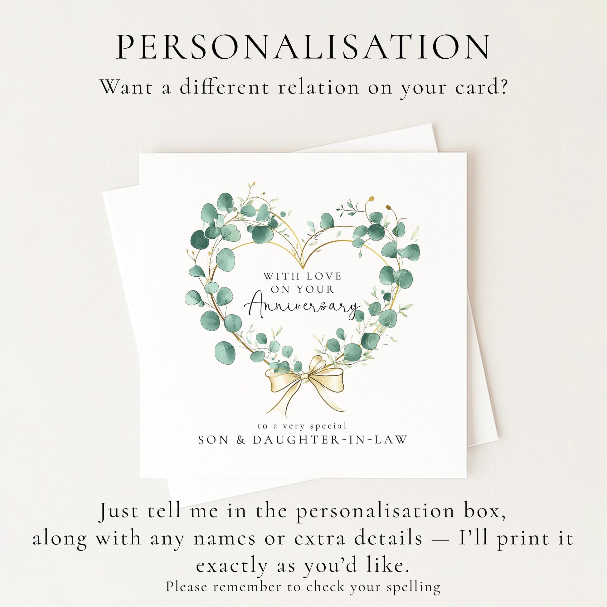 Anniversary Card Son and Daughter-in-law, Elegant Eucalyptus Heart Anniversary Card, Personalised Printed Card