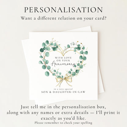 Anniversary Card Son and Daughter-in-law, Elegant Eucalyptus Heart Anniversary Card, Personalised Printed Card