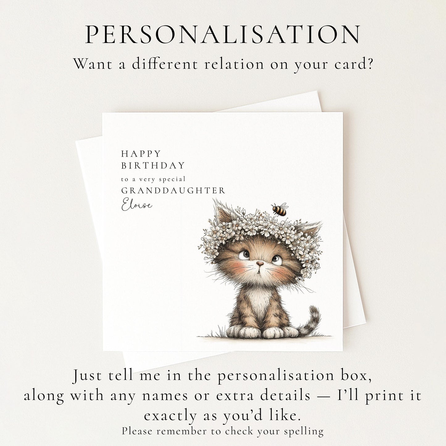 The image is a birthday card featuring a cute cat wearing a flower crown.