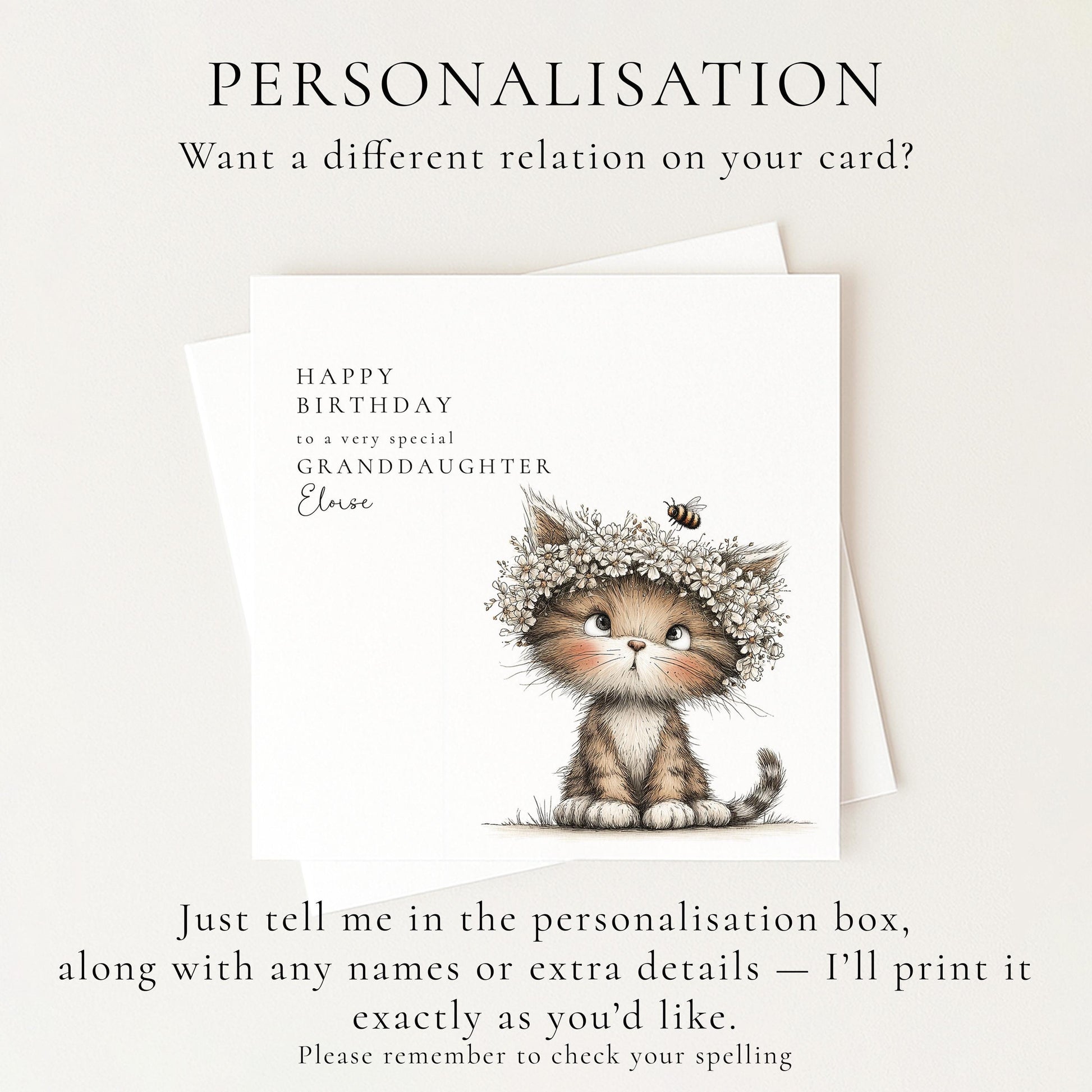 The image is a birthday card featuring a cute cat wearing a flower crown.