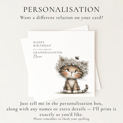 The image is a birthday card featuring a cute cat wearing a flower crown.