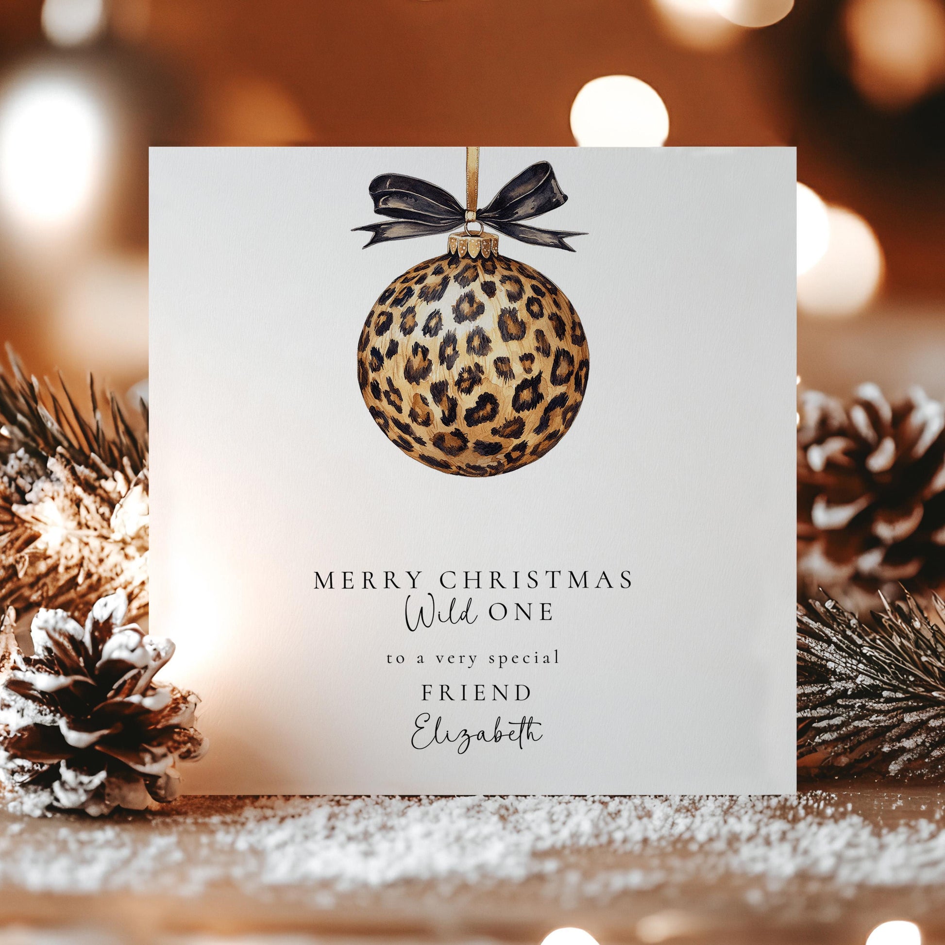 Leopard Print Christmas Card, Wild One Xmas Card, Personalised Christmas Card for Friend, Luxury Animal Print Bauble Card, Custom Name