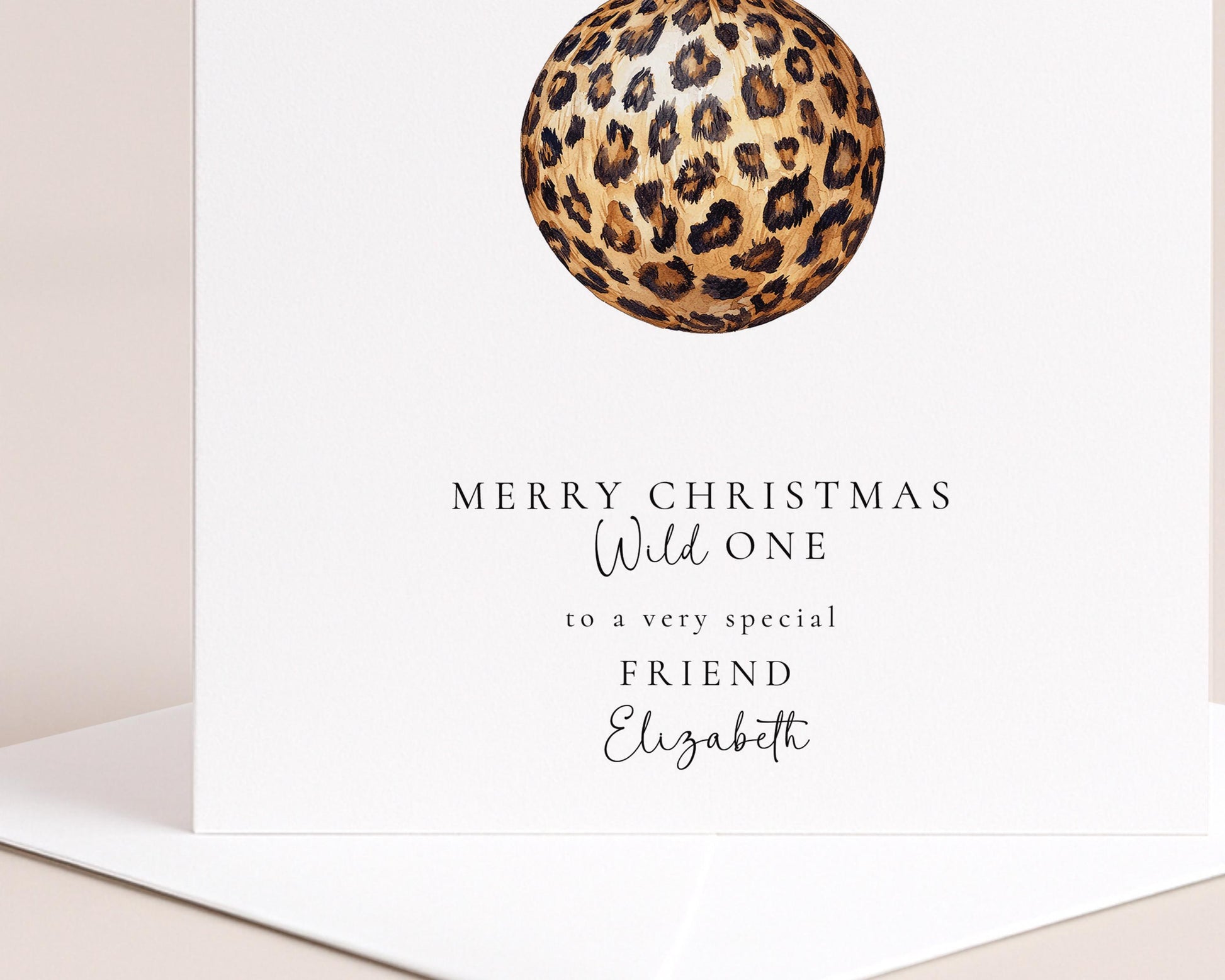 Leopard Print Christmas Card, Wild One Xmas Card, Personalised Christmas Card for Friend, Luxury Animal Print Bauble Card, Custom Name