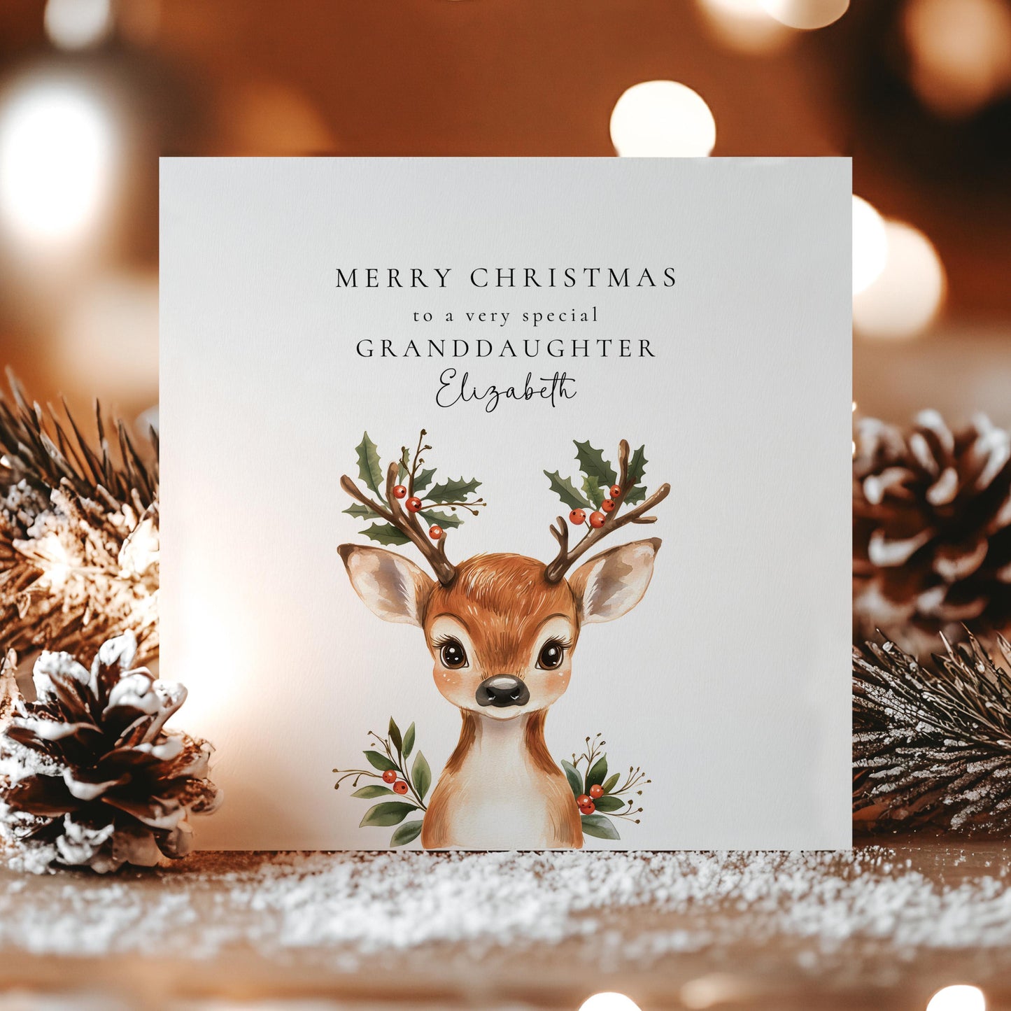 Personalised Christmas Card for Granddaughter, Cute Reindeer Christmas Card, Festive Card for Grandchild, Custom Name Option