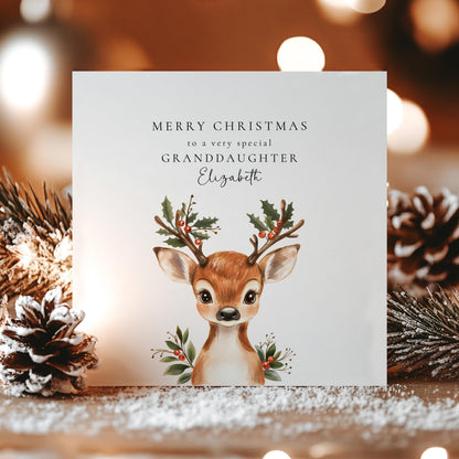 Personalised Christmas Card for Granddaughter, Cute Reindeer Christmas Card, Festive Card for Grandchild, Custom Name Option