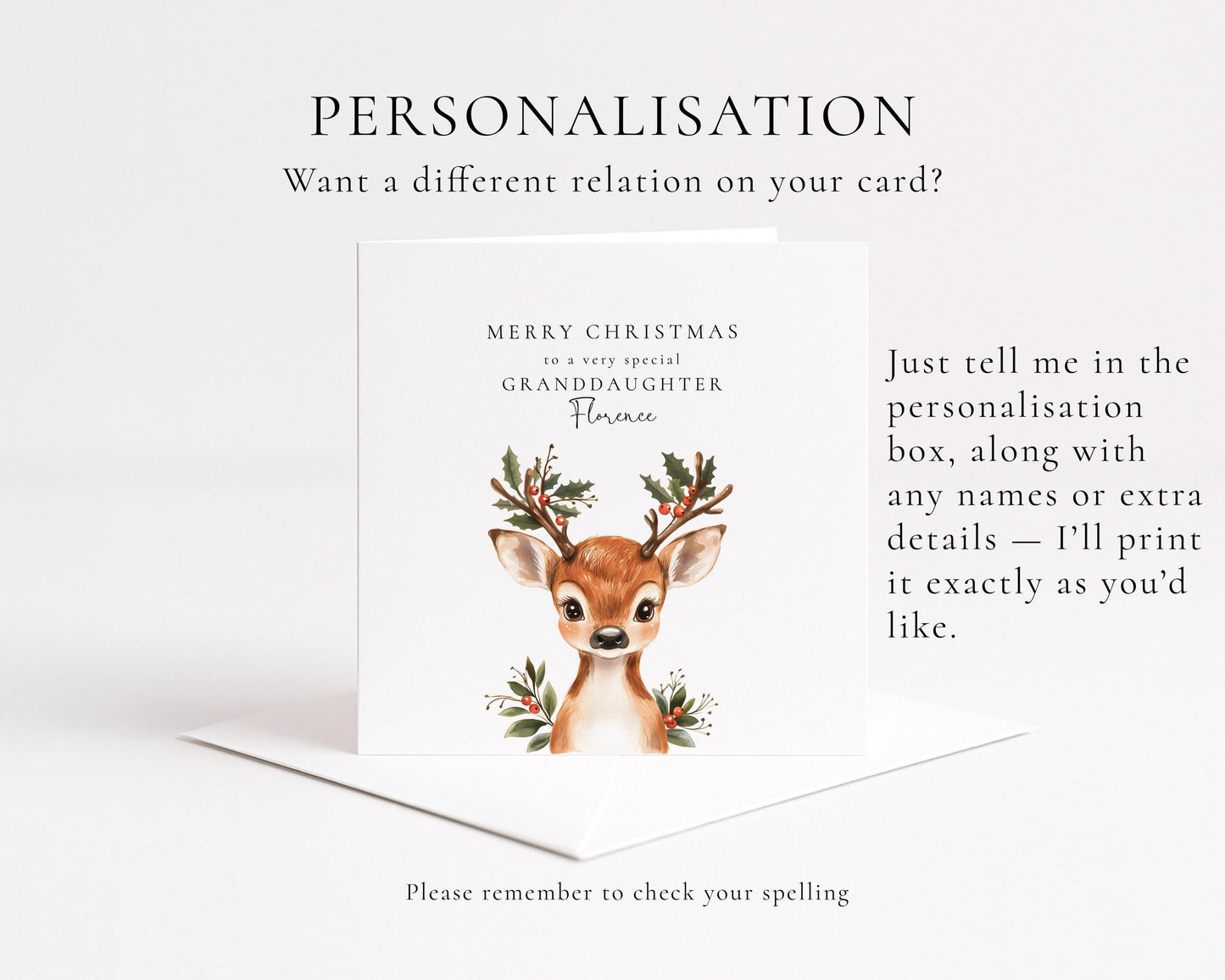 Personalised Christmas Card for Granddaughter, Cute Reindeer Christmas Card, Festive Card for Grandchild, Custom Name Option