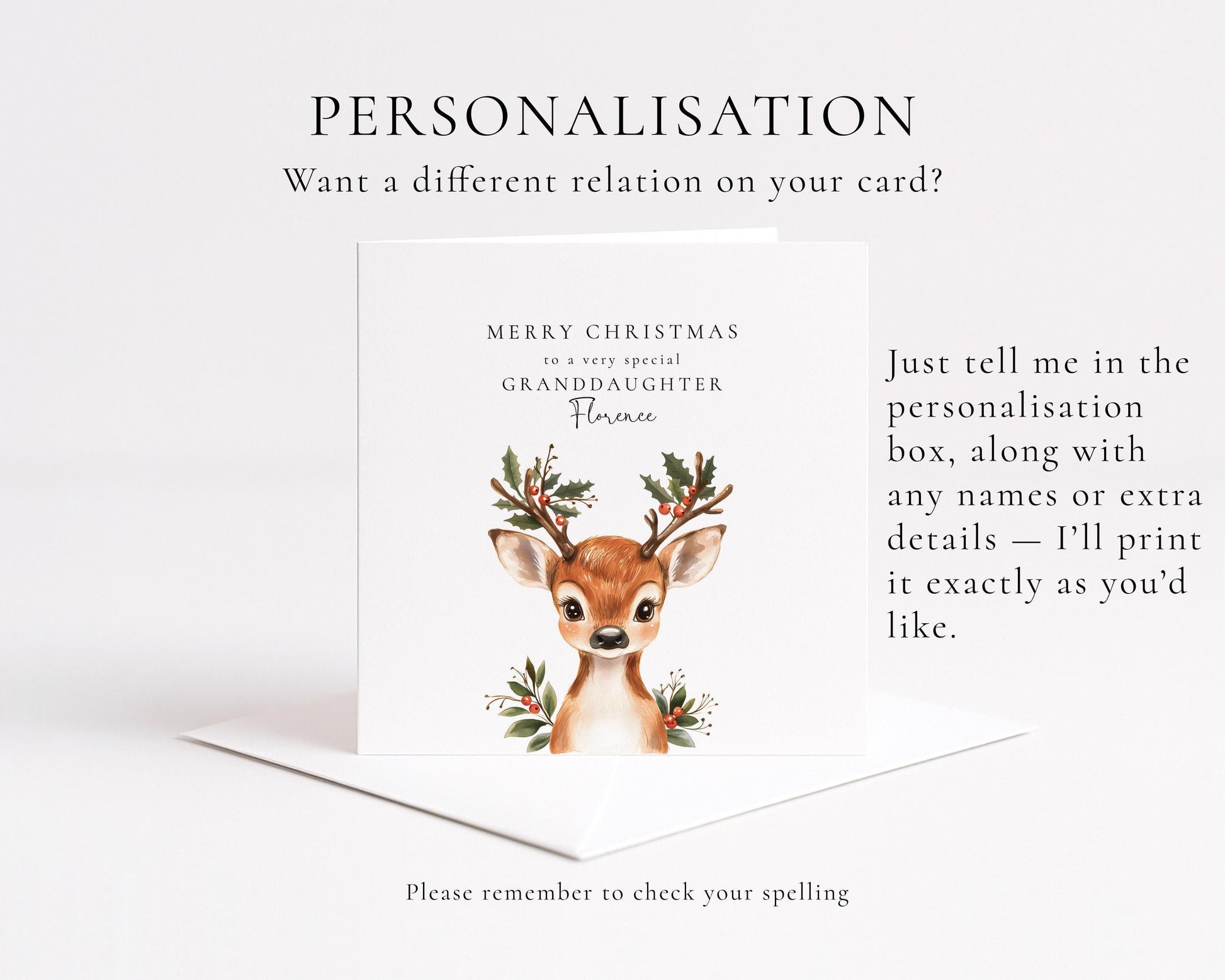 Personalised Christmas Card for Granddaughter, Cute Reindeer Christmas Card, Festive Card for Grandchild, Custom Name Option