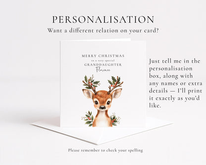 Personalised Christmas Card for Granddaughter, Cute Reindeer Christmas Card, Festive Card for Grandchild, Custom Name Option