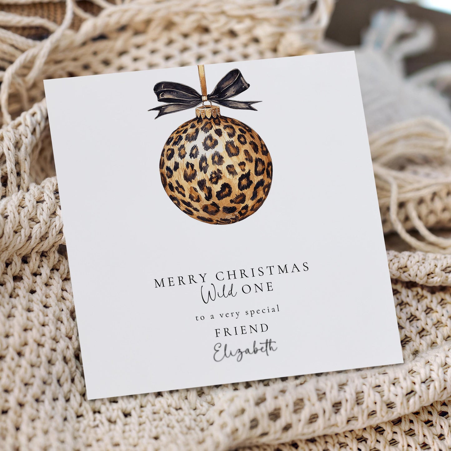 Leopard Print Christmas Card, Wild One Xmas Card, Personalised Christmas Card for Friend, Luxury Animal Print Bauble Card, Custom Name