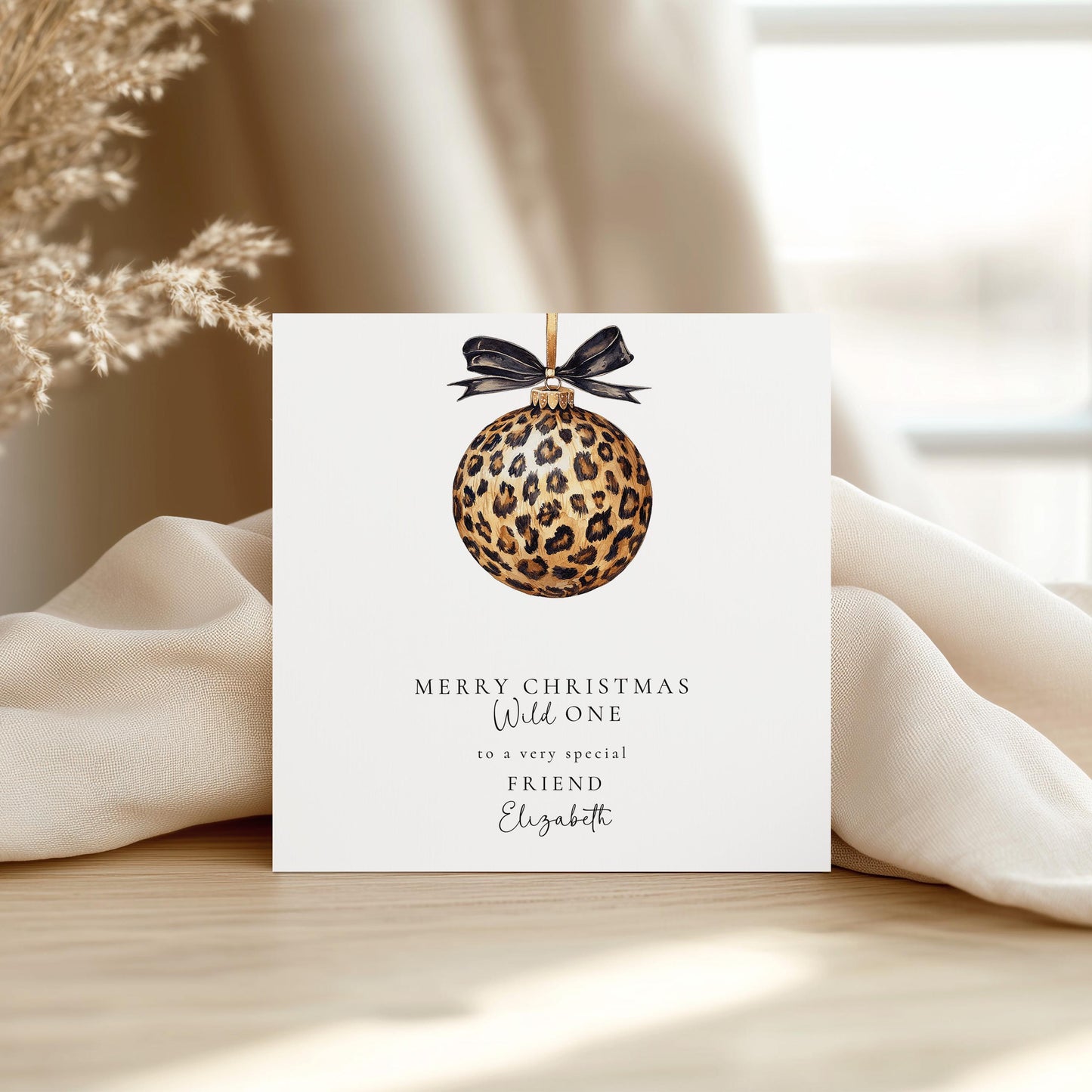 Leopard Print Christmas Card, Wild One Xmas Card, Personalised Christmas Card for Friend, Luxury Animal Print Bauble Card, Custom Name