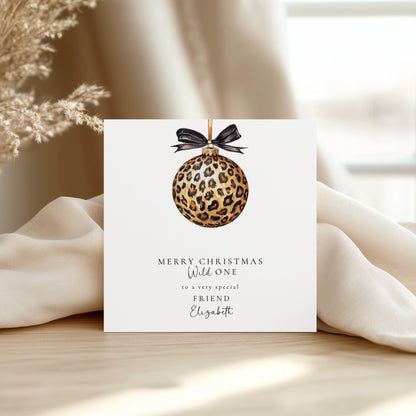 Leopard Print Christmas Card, Wild One Xmas Card, Personalised Christmas Card for Friend, Luxury Animal Print Bauble Card, Custom Name