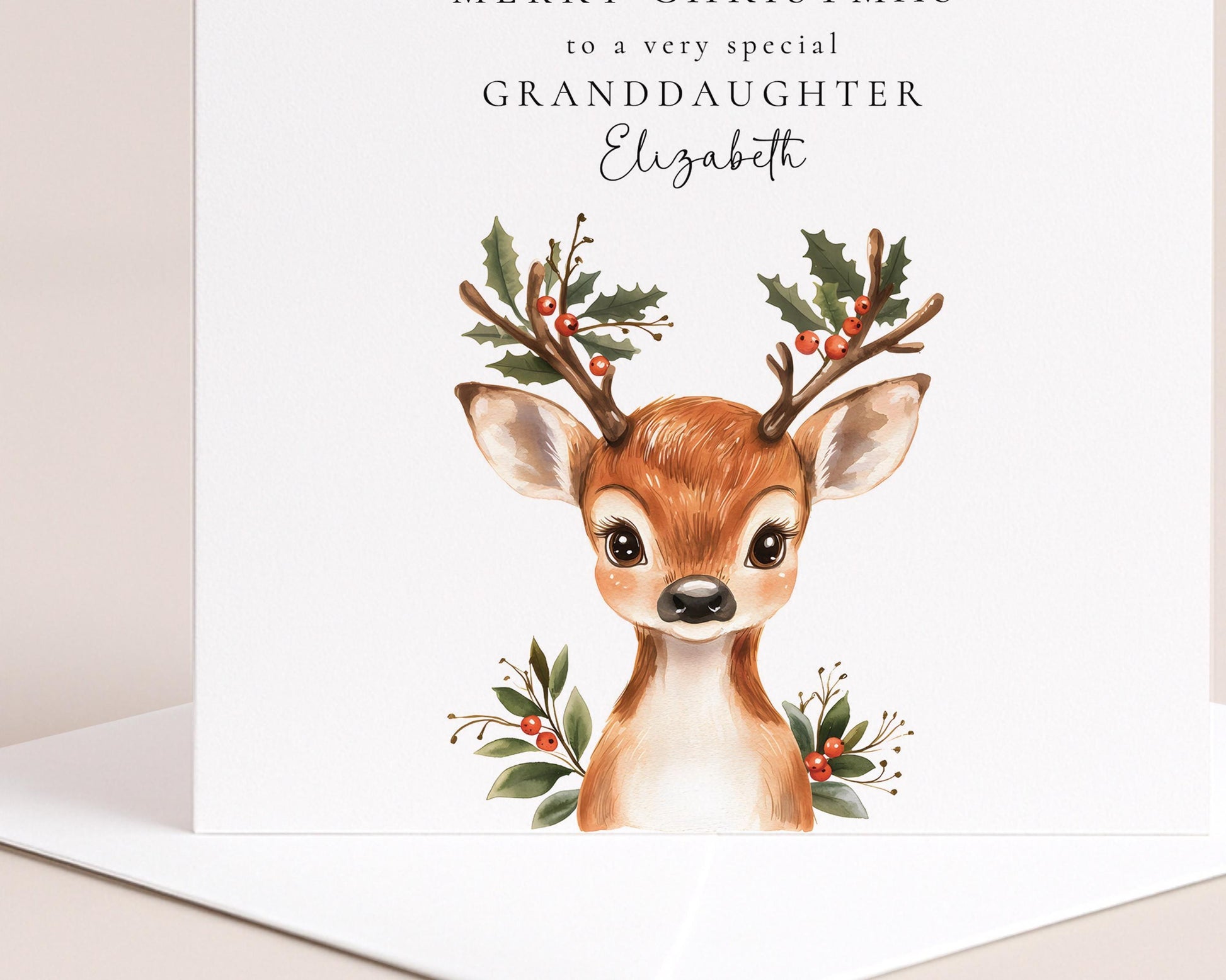 Personalised Christmas Card for Granddaughter, Cute Reindeer Christmas Card, Festive Card for Grandchild, Custom Name Option
