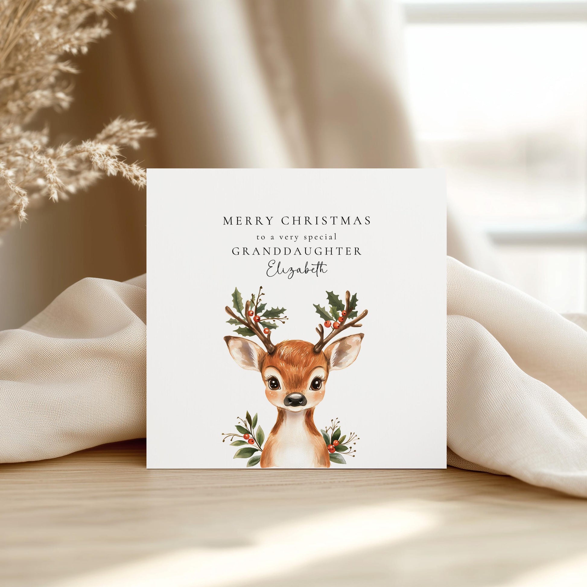 Personalised Christmas Card for Granddaughter, Cute Reindeer Christmas Card, Festive Card for Grandchild, Custom Name Option