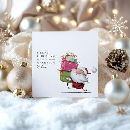 Grandson Christmas Card, Personalised Grandson Xmas Card, Cute Santa Card for Boy, Custom Name Card, Christmas Card Grandchild UK