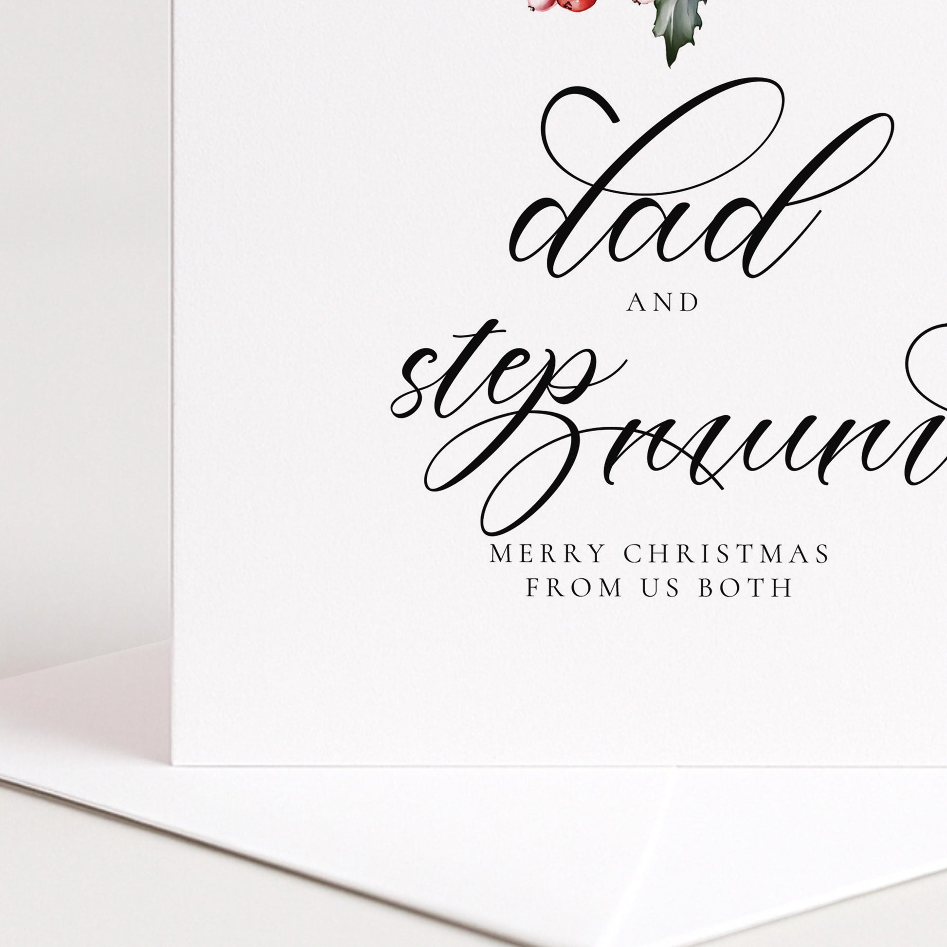 Elegant 'Dad and Stepmum' Christmas Card: Festive Holly Design