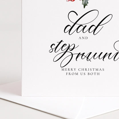 Elegant 'Dad and Stepmum' Christmas Card: Festive Holly Design