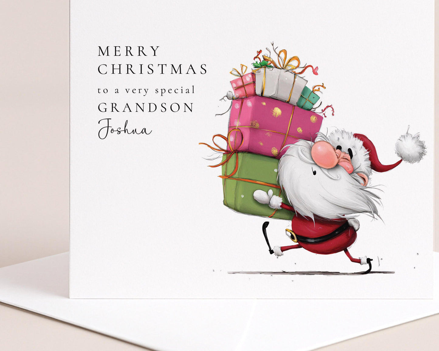 Grandson Christmas Card, Personalised Grandson Xmas Card, Cute Santa Card for Boy, Custom Name Card, Christmas Card Grandchild UK