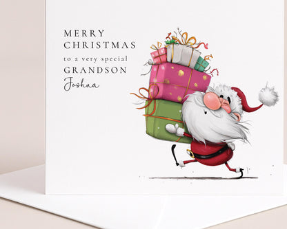 Grandson Christmas Card, Personalised Grandson Xmas Card, Cute Santa Card for Boy, Custom Name Card, Christmas Card Grandchild UK
