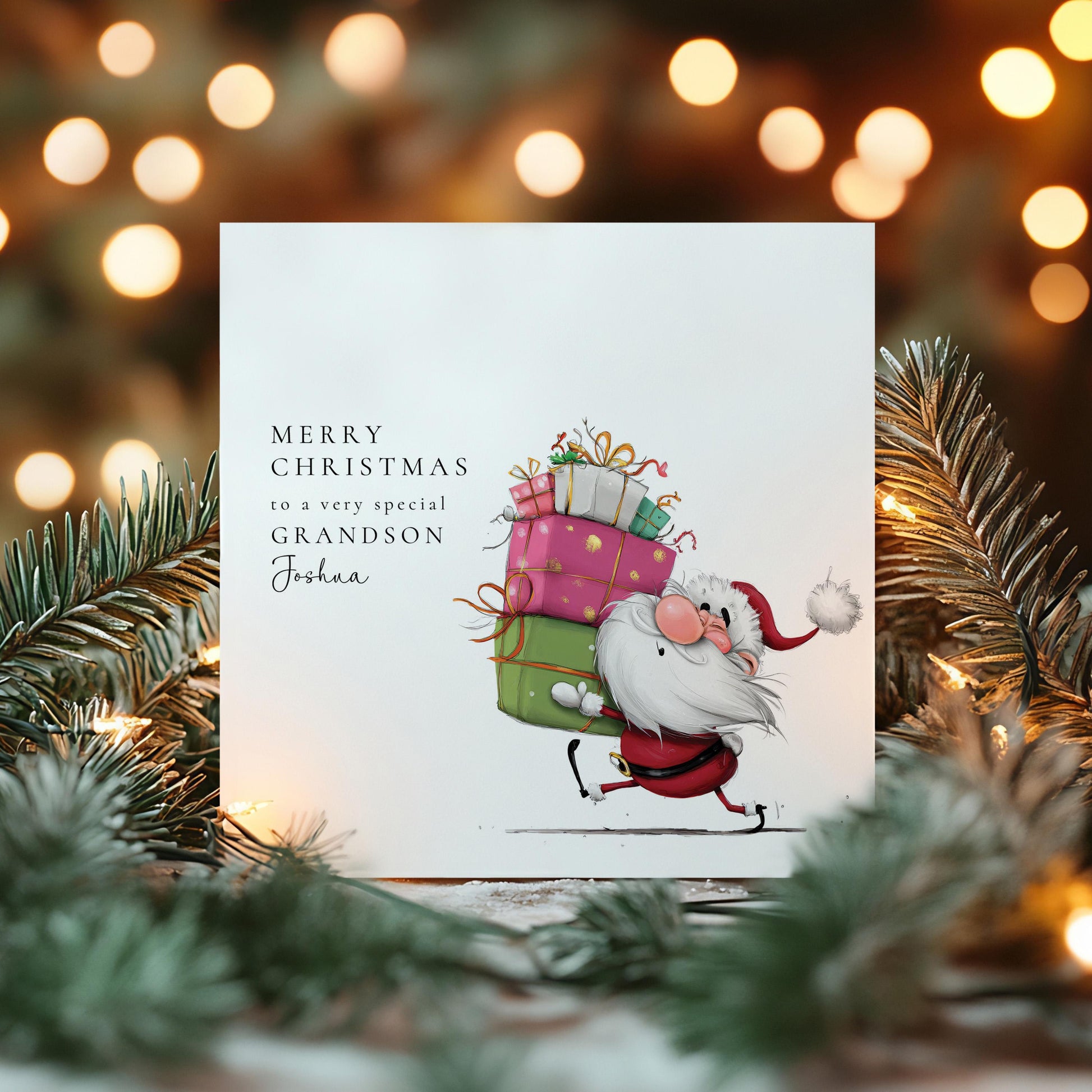 Grandson Christmas Card, Personalised Grandson Xmas Card, Cute Santa Card for Boy, Custom Name Card, Christmas Card Grandchild UK