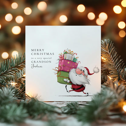 Grandson Christmas Card, Personalised Grandson Xmas Card, Cute Santa Card for Boy, Custom Name Card, Christmas Card Grandchild UK