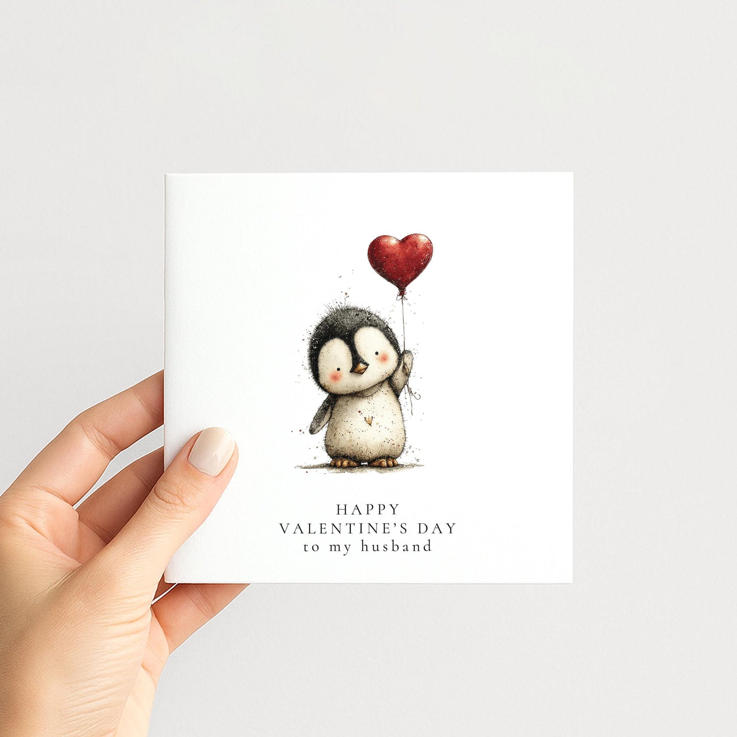 Valentines Husband Card, Cute Penguin Valentine’s Day Card for Husband, Heart Balloon Penguin Card, Romantic Cute Husband Card