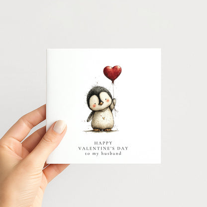 Valentines Husband Card, Cute Penguin Valentine’s Day Card for Husband, Heart Balloon Penguin Card, Romantic Cute Husband Card