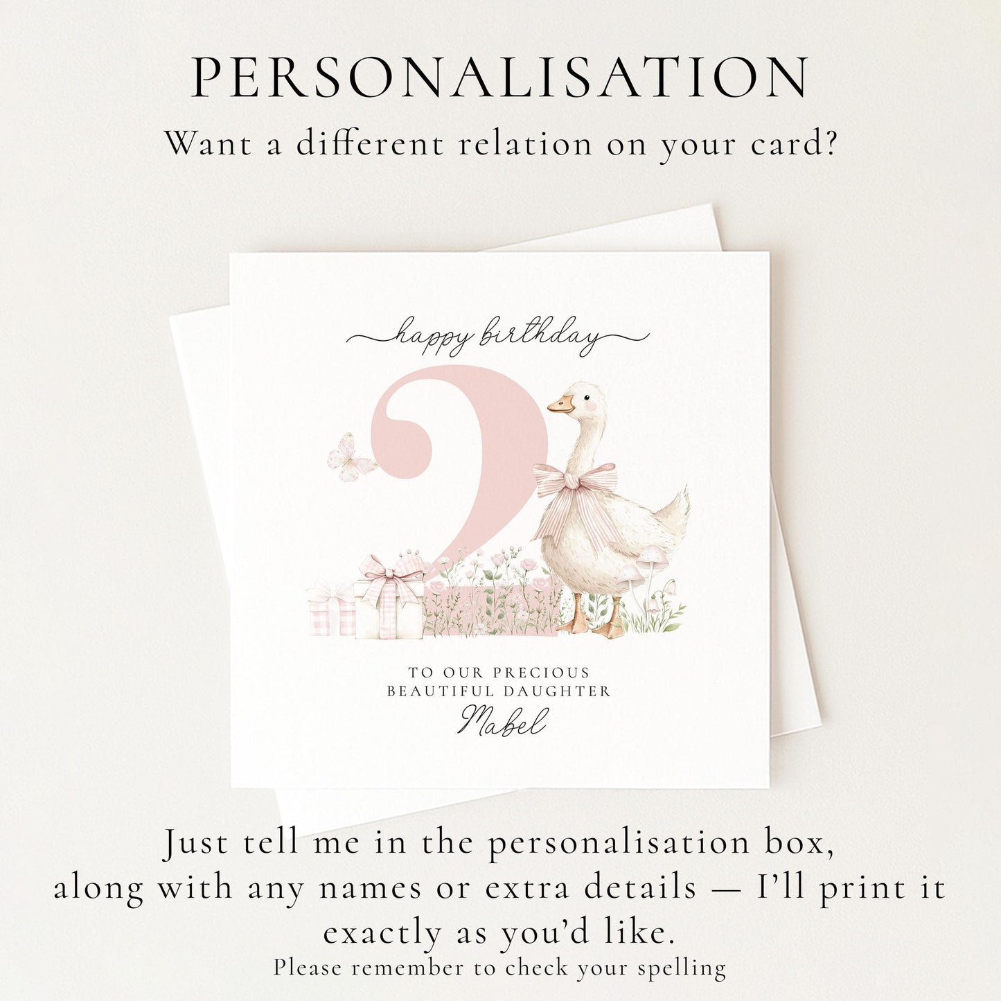 2nd Birthday Card for Daughter, Cute Goose Birthday Card, Personalised Age 2 Birthday Card for Girl, Pink Bow Farmyard Card