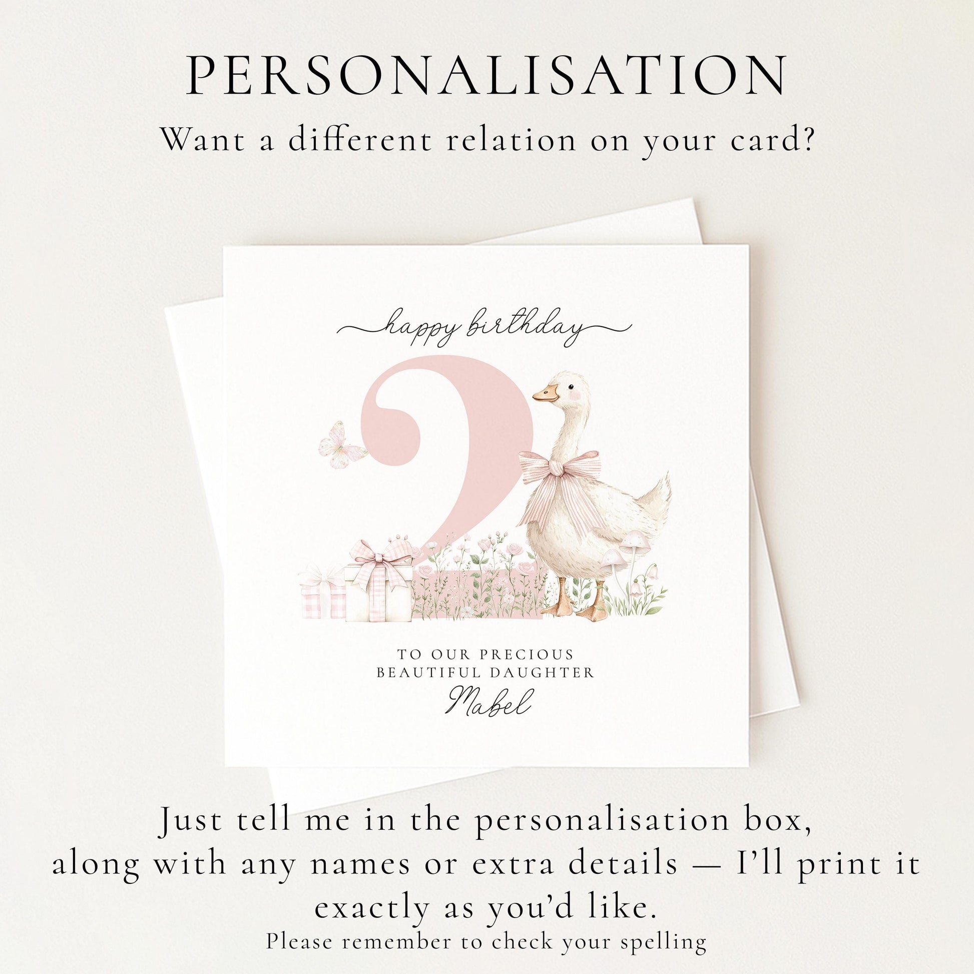 2nd Birthday Card for Daughter, Cute Goose Birthday Card, Personalised Age 2 Birthday Card for Girl, Pink Bow Farmyard Card