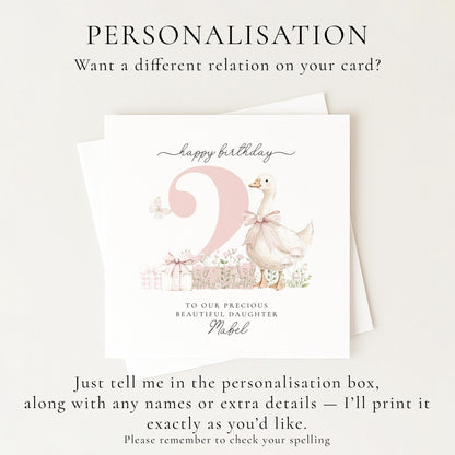 2nd Birthday Card for Daughter, Cute Goose Birthday Card, Personalised Age 2 Birthday Card for Girl, Pink Bow Farmyard Card