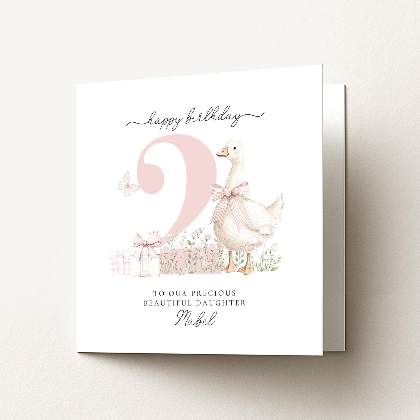 2nd Birthday Card for Daughter, Cute Goose Birthday Card, Personalised Age 2 Birthday Card for Girl, Pink Bow Farmyard Card