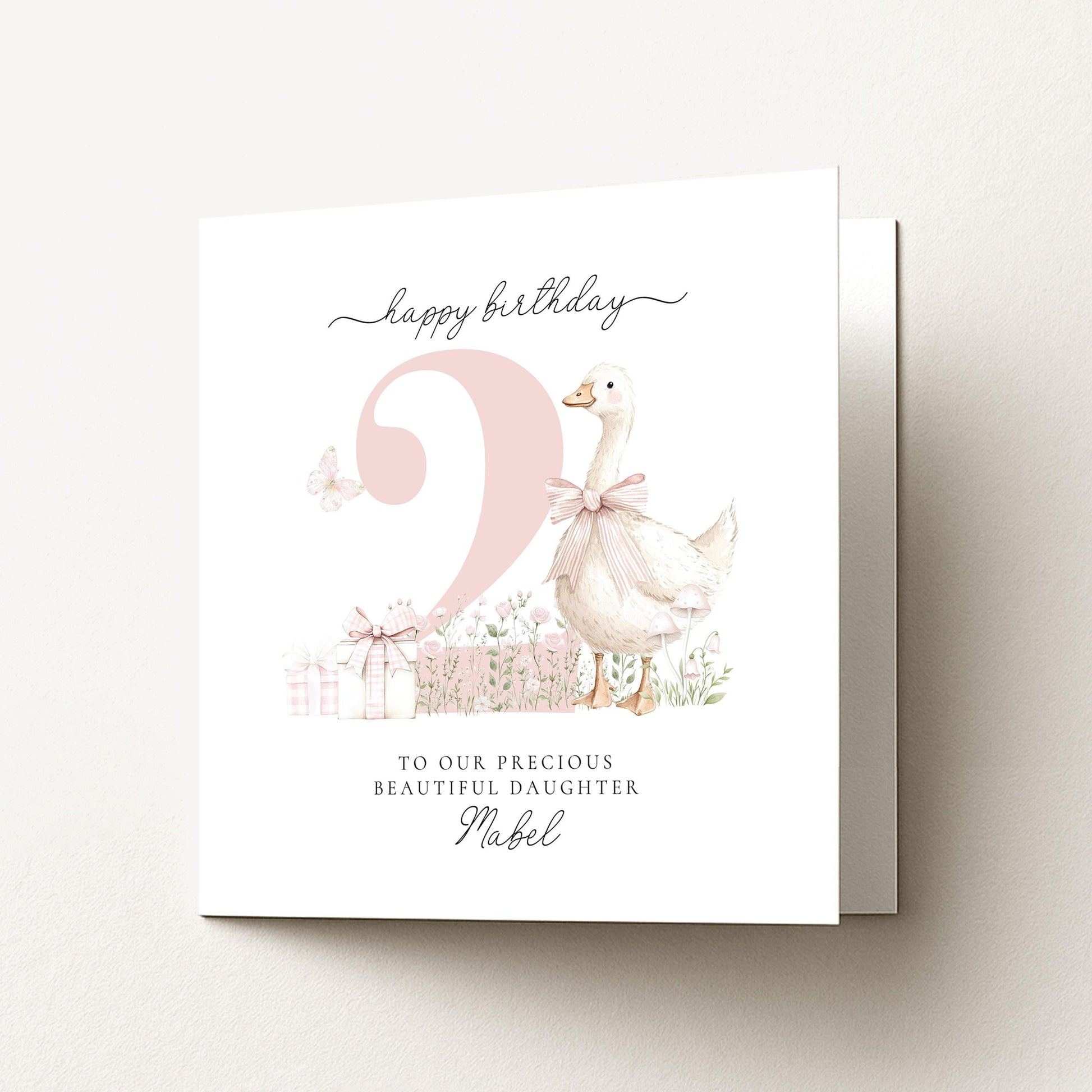 2nd Birthday Card for Daughter, Cute Goose Birthday Card, Personalised Age 2 Birthday Card for Girl, Pink Bow Farmyard Card