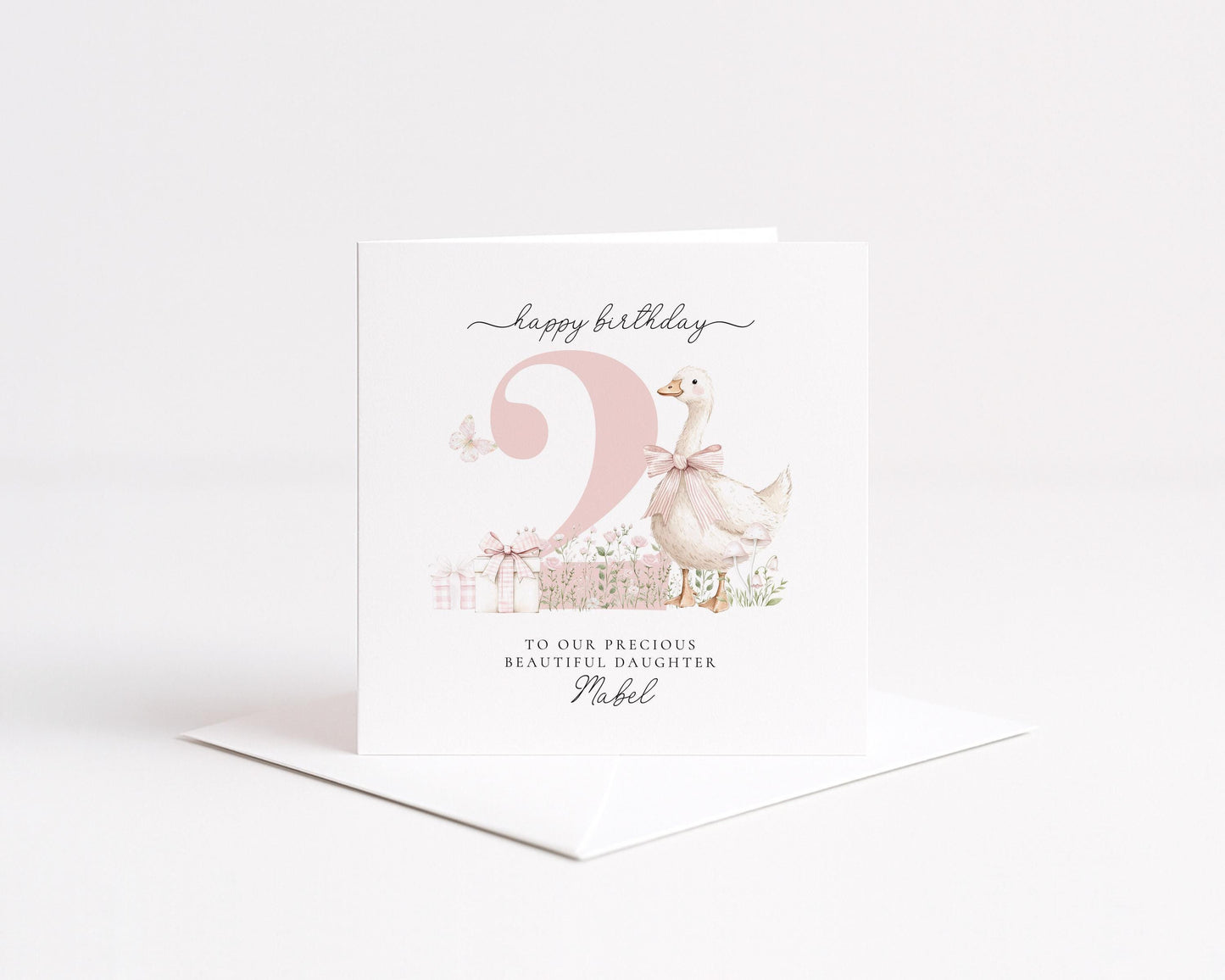 2nd Birthday Card for Daughter, Cute Goose Birthday Card, Personalised Age 2 Birthday Card for Girl, Pink Bow Farmyard Card