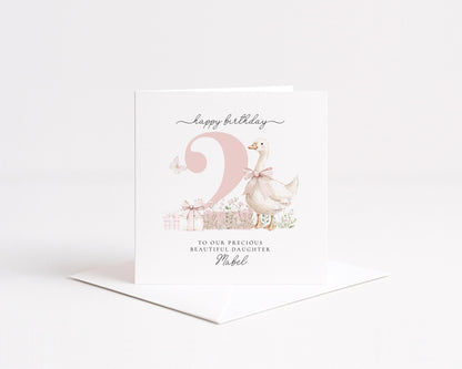 2nd Birthday Card for Daughter, Cute Goose Birthday Card, Personalised Age 2 Birthday Card for Girl, Pink Bow Farmyard Card
