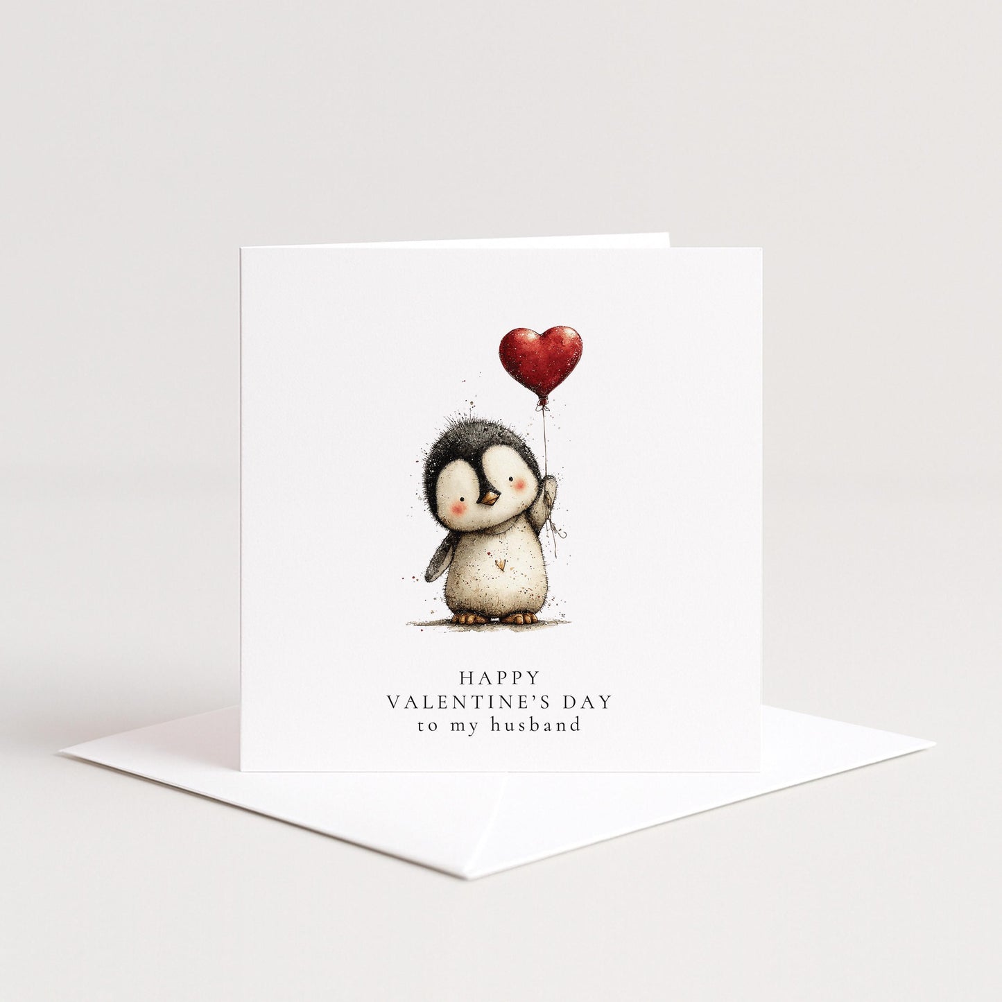 Valentines Husband Card, Cute Penguin Valentine’s Day Card for Husband, Heart Balloon Penguin Card, Romantic Cute Husband Card