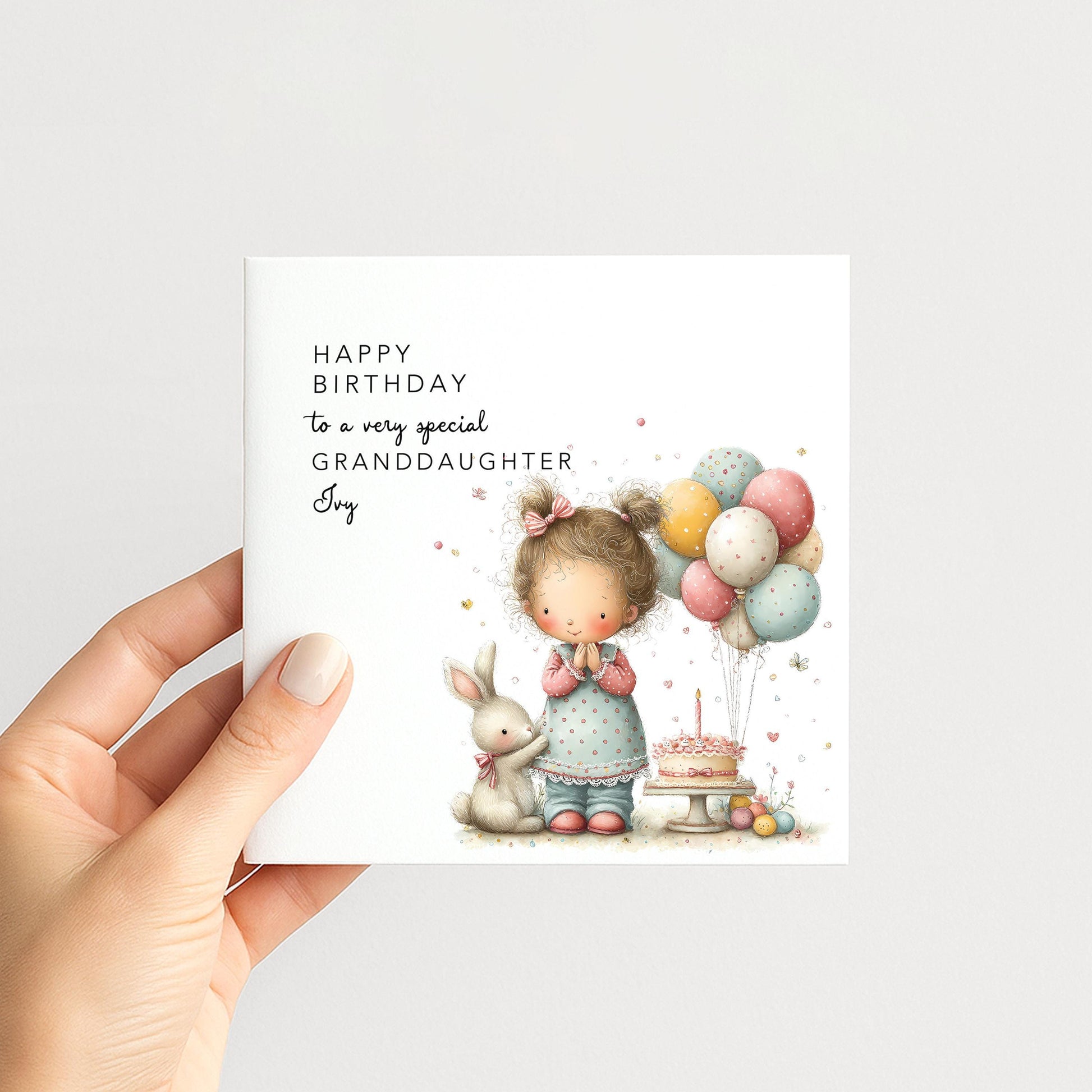 Granddaughter Birthday Card, Personalised Birthday Card for Granddaughter, Cute Girl & Balloons Design, Custom Name Birthday Greeting