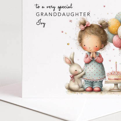 Granddaughter Birthday Card, Personalised Birthday Card for Granddaughter, Cute Girl & Balloons Design, Custom Name Birthday Greeting
