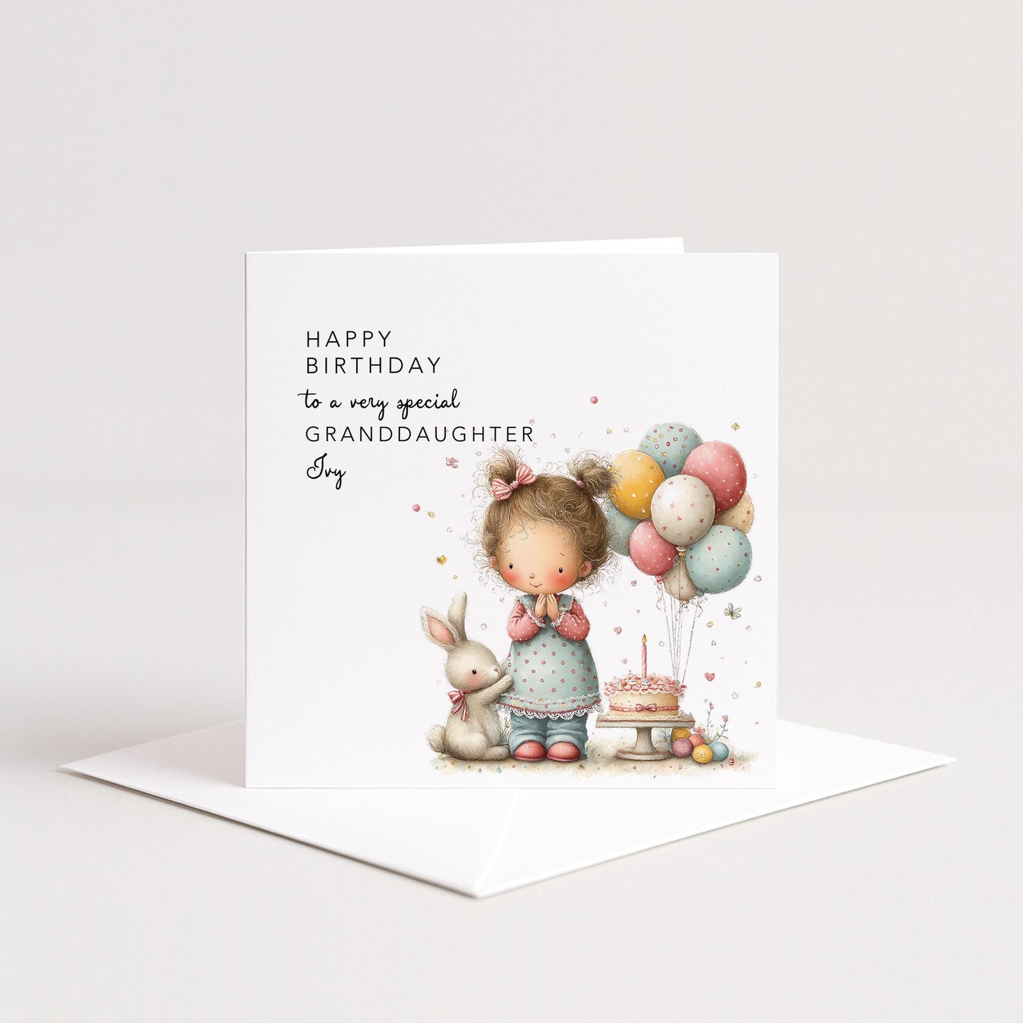 Granddaughter Birthday Card, Personalised Birthday Card for Granddaughter, Cute Girl & Balloons Design, Custom Name Birthday Greeting