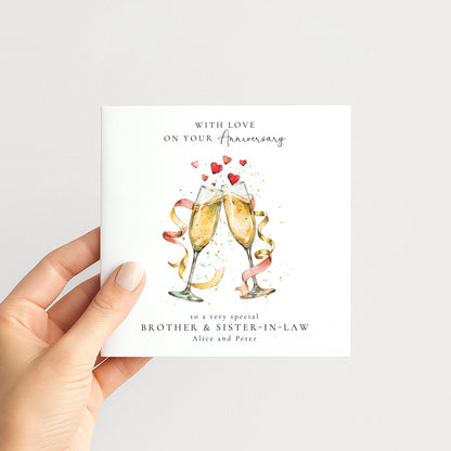 Personalised Anniversary Card, Anniversary Card for Brother and Sister in Law, Champagne Glasses Card, Custom Names Card
