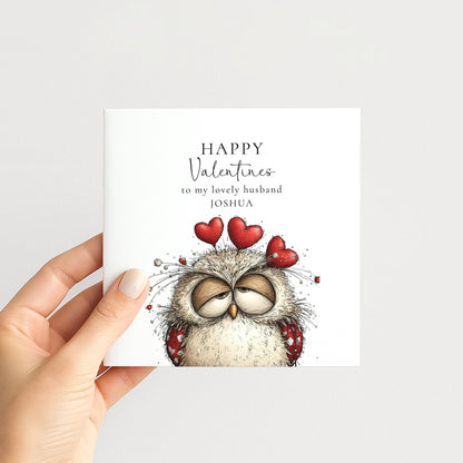 Valentine’s Card for Husband: Cute Owl with Hearts - Personalised