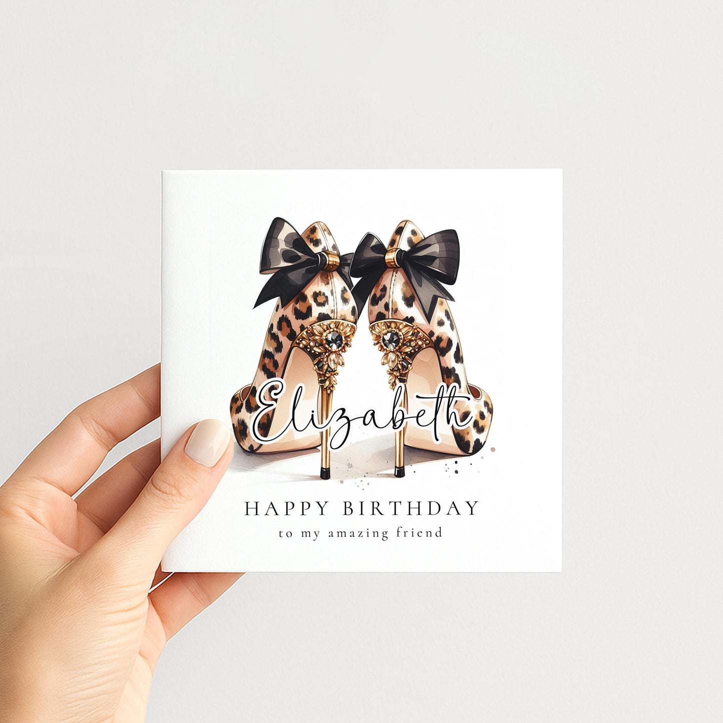 Leopard Print Birthday Card for Friend, Personalised Name Birthday Card, Chic High Heel Shoes Birthday Card