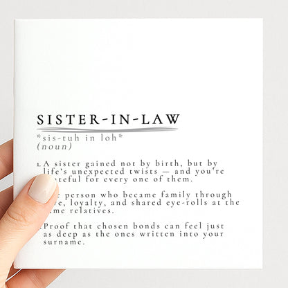 Sister-in-Law Definition Card, Dictionary Meaning Sister in Law Birthday Card, Sentimental Minimalist Card for Sister-in-Law,