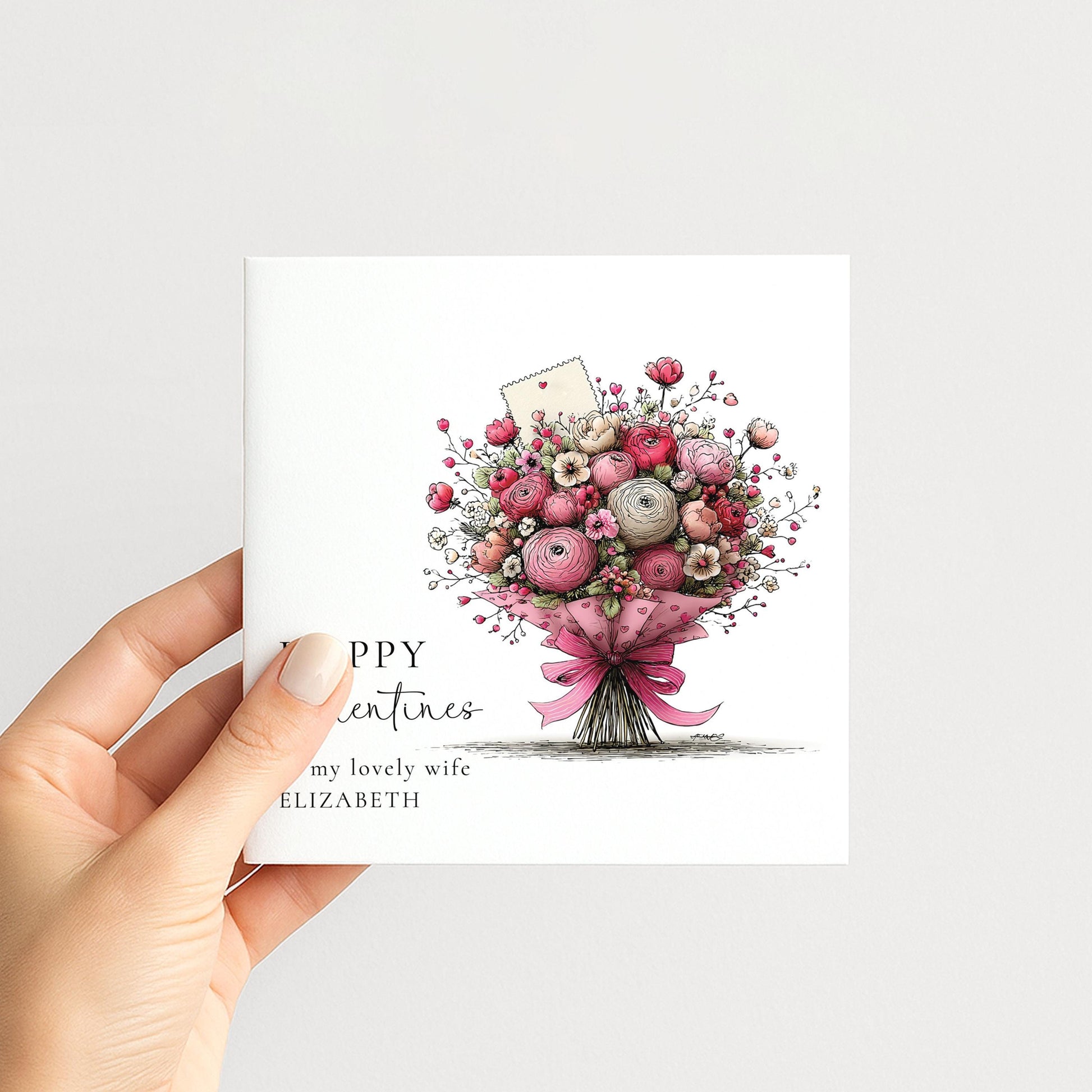 Valentines Card for Wife, Floral Bouquet Valentine Card, Personalised Wife Valentine’s Day Card, Romantic Printed Card