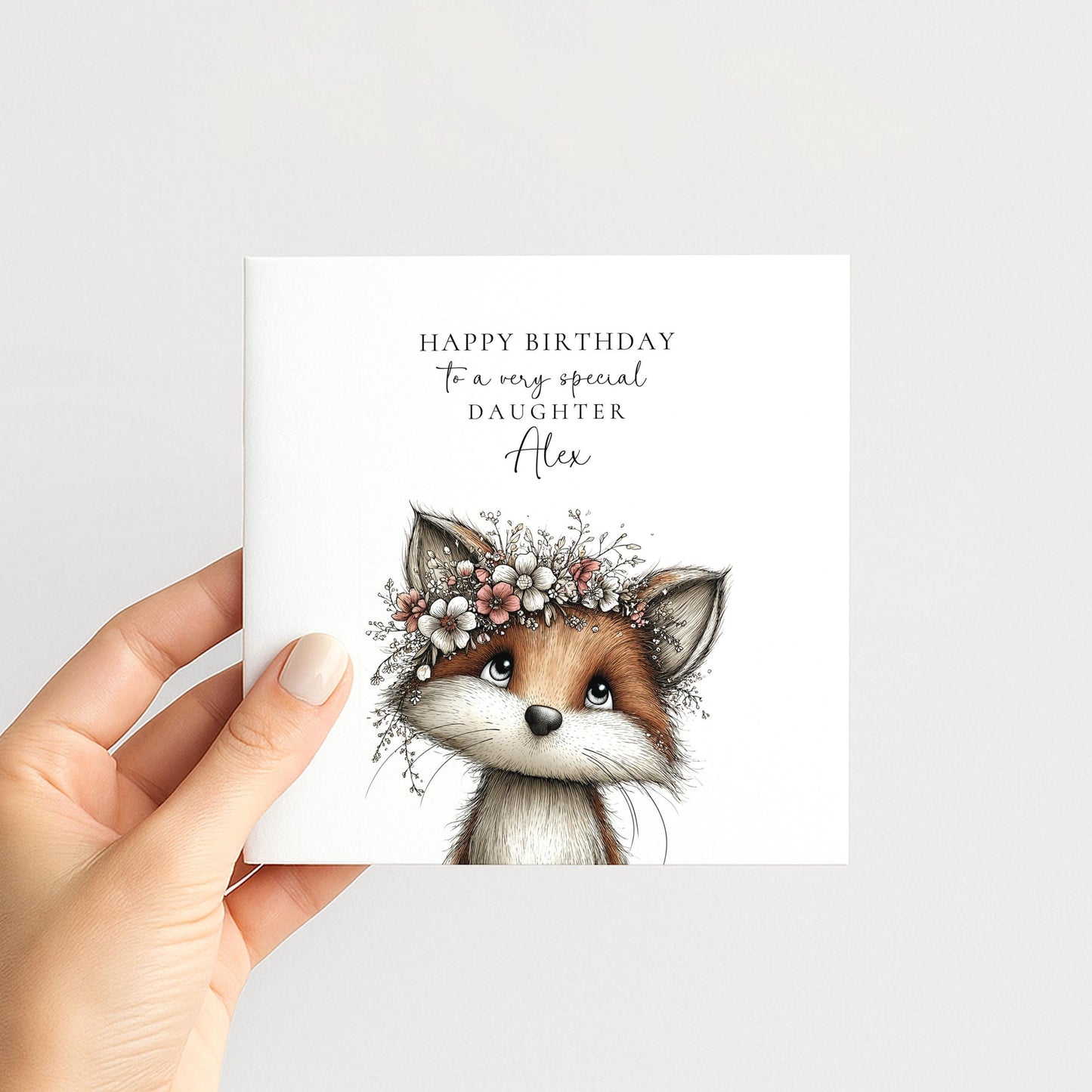 Daughter Birthday Card, Cute Fox Birthday Card, Personalised Daughter Card, Floral Crown Animal Card, Printed Girls Birthday Card