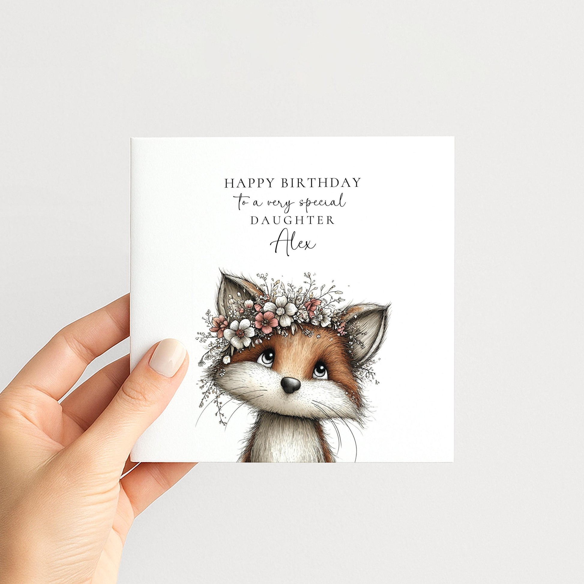 Daughter Birthday Card, Cute Fox Birthday Card, Personalised Daughter Card, Floral Crown Animal Card, Printed Girls Birthday Card