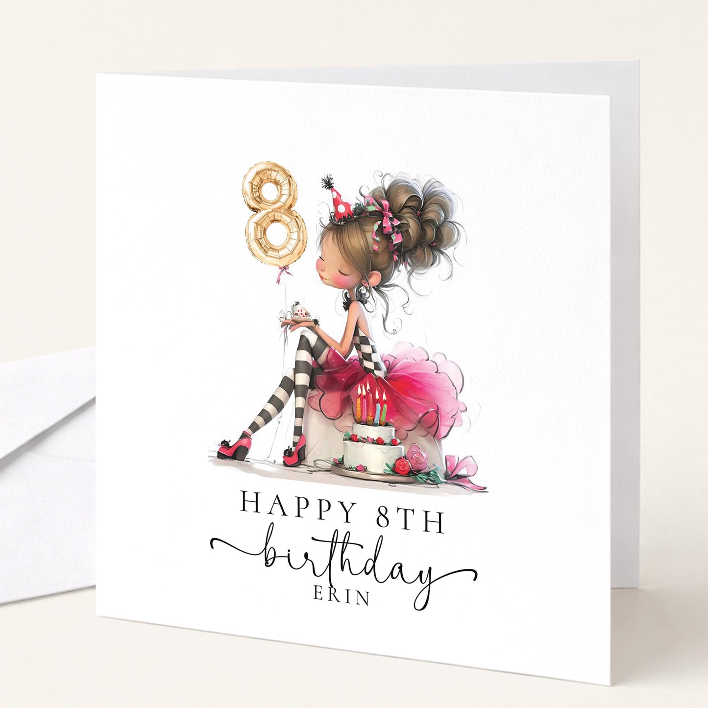 8th Birthday Card for Girl, Cute Birthday Card with Cake and Balloons, Personalised Girls Birthday Card Age 8