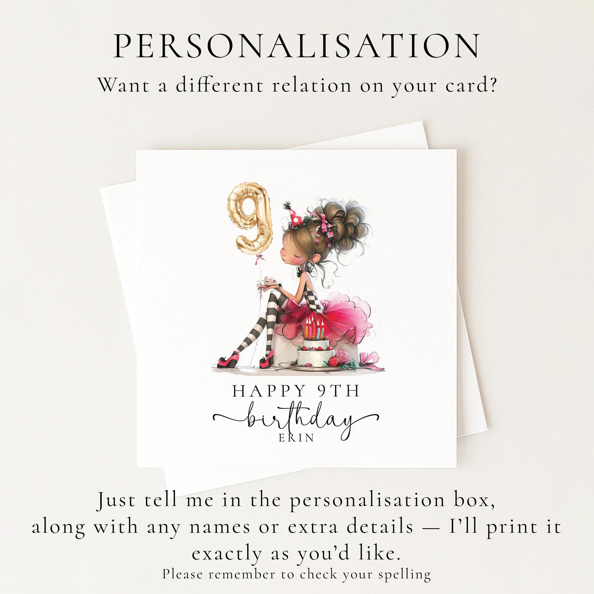 9th Birthday Card for Girl, Cute Birthday Card with Cake and Balloons, Personalised Girls Birthday Card Age 9