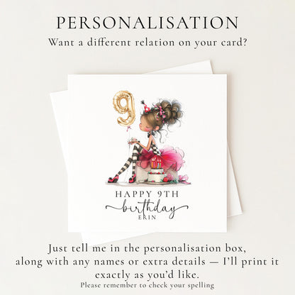 9th Birthday Card for Girl, Cute Birthday Card with Cake and Balloons, Personalised Girls Birthday Card Age 9
