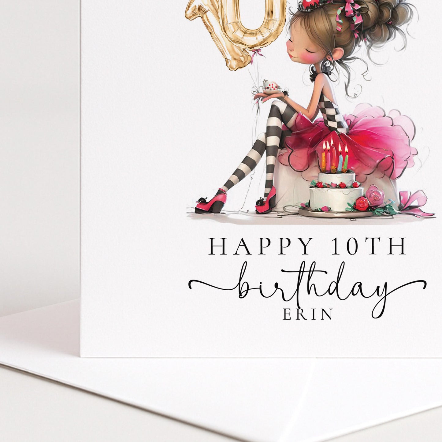 10th Birthday Card for Girl, Cute Birthday Card with Cake and Balloons, Personalised Girls Birthday Card Age 10