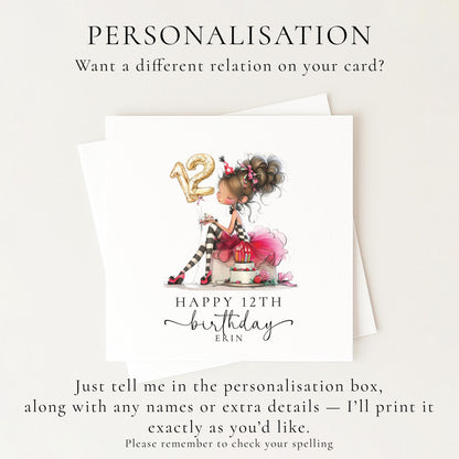 12th Birthday Card for Girl, Cute Birthday Card with Cake and Balloons, Personalised Girls Birthday Card Age 12