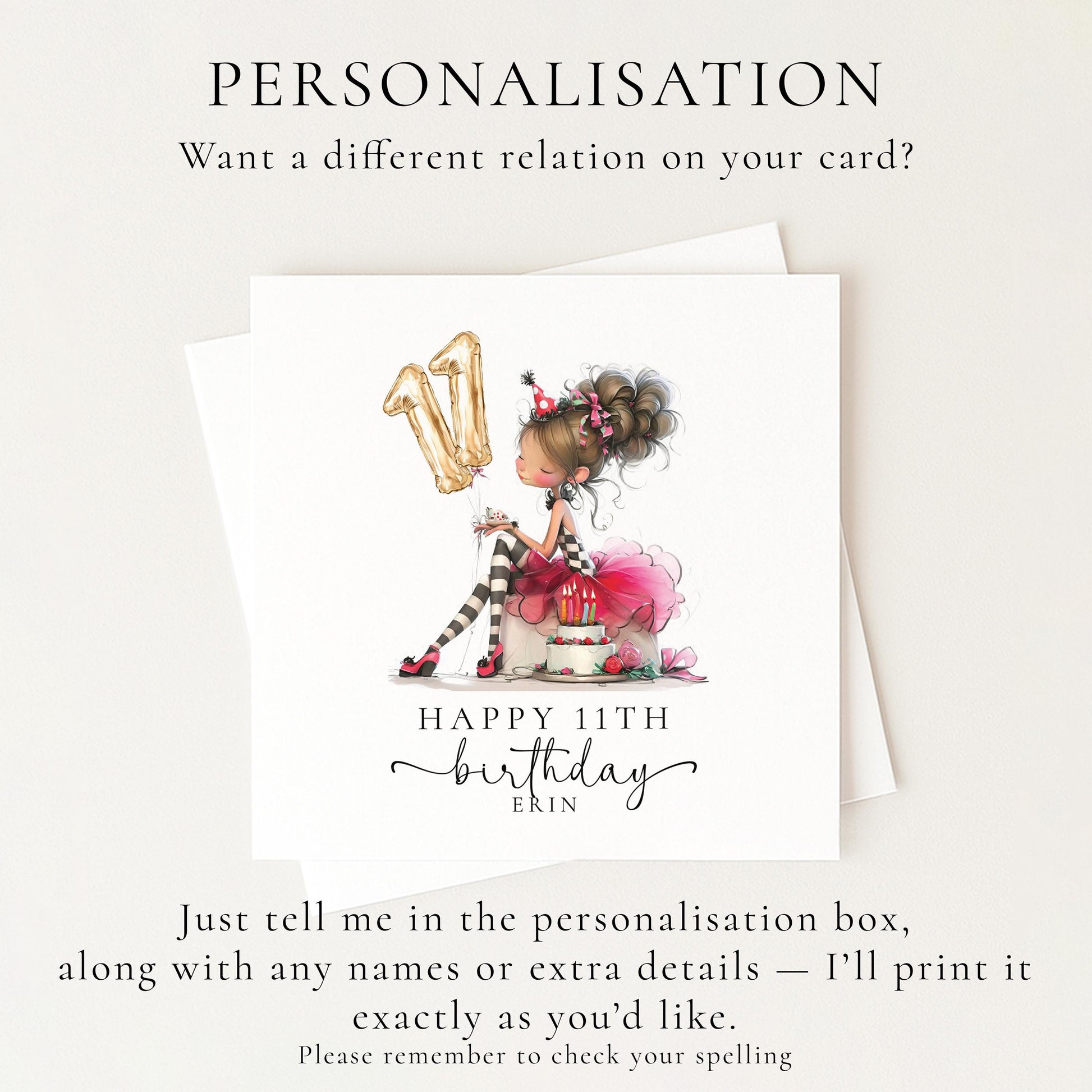 11th Birthday Card for Girl, Cute Birthday Card with Cake and Balloons, Personalised Girls Birthday Card Age 11